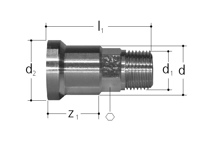Adapter with male thread, internally coated