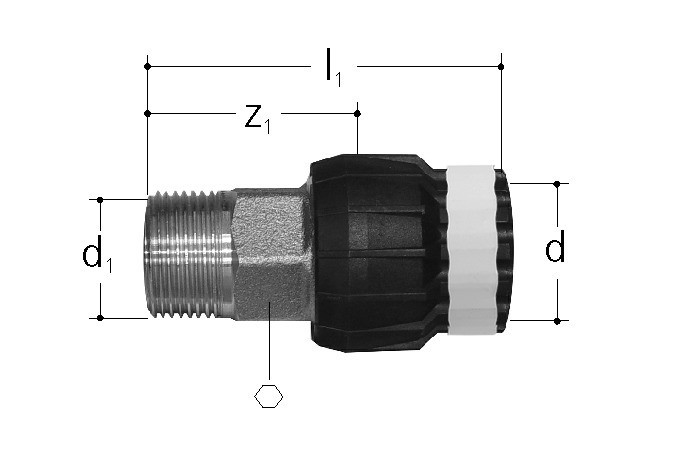 Adapter with male thread, internally coated